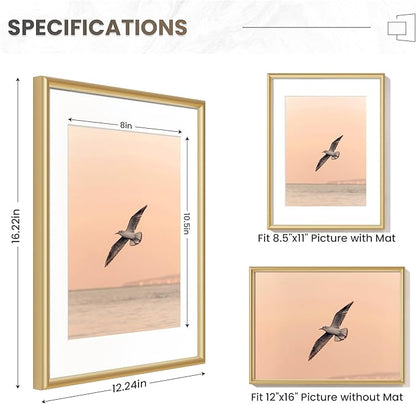 Fun Memories 12x16 Picture Frame Gold, Aluminum Picture Frames 12"x16", 12x16 Picture Frame with Mat for 8.5x11, 12 by 16 Frame Real Glass, 12 x 16 Metal Frame for Home Decor