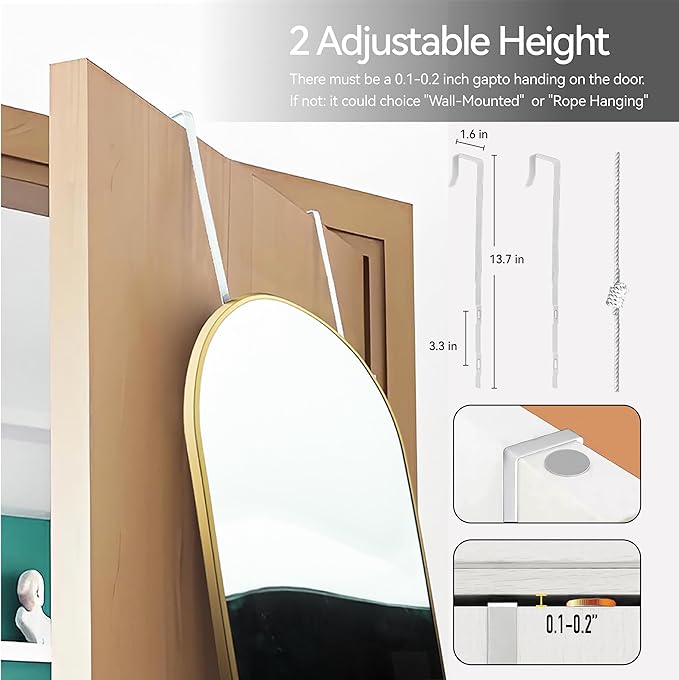 SCWF-GZ 57x16 Door Hanging Full Length Mirror, Floor Stand (Height 5.7ft just Body in1.3ft) / Wall Mounted Metal Frame Arch Dressing Mirrors for Bedroom Living Room 57 inch Gold