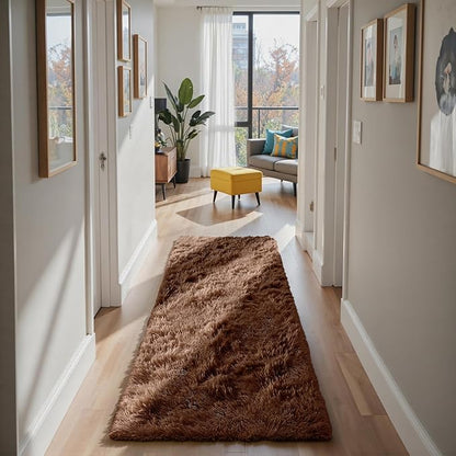 Soft Runner Rugs for Bedroom, Brown 3x7 Area Rugs Fluffy Rug Shag Area Rug Carpet, Bedside Rug for Living Room Bedroom Kids Room Home Decor