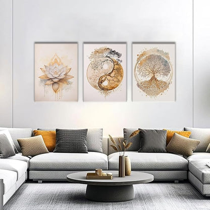 AOYUSMO 3 Piece 3 Piece Tree of Life Wall Art Zen Wall Decor Yoga Room Canvas Art Modern Gold Lotus Flower Pictures Spiritual Meditation Paintings Spa Artwork For Living Room Bathroom