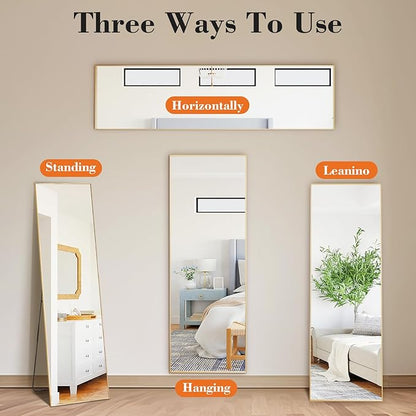 DUMOS Full Length Mirror for Bedroom, 56"x15" Full Body Mirror with Stand, Hanging or Leaning for Wall, Aluminum Alloy Thin Frame Floor Standing for Living Room, Long, Gold