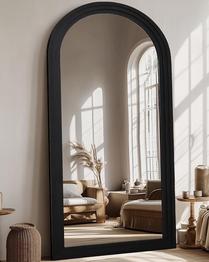 Full Length Mirror, 76"x34" Wooden Mirror Full Length with Stand Wood Floor Mirror, Oversized Stand Up Mirrors Large Wall Mirrors, Wall Mounted Mirrors, Arched Wood Style, Black