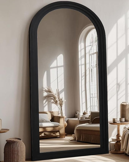 Full Length Mirror, 76"x34" Wooden Mirror Full Length with Stand Wood Floor Mirror, Oversized Stand Up Mirrors Large Wall Mirrors, Wall Mounted Mirrors, Arched Wood Style, Black