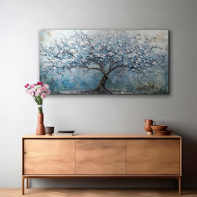 crmotu Tree of Life Large Wall Art for Living Room, Cherry Blossom Tree Abstract Art Prints Canvas Pictures, Modern Blue White Aesthetic Painting Bedroom Bathroom Home Office Wall Decor 29"X57"