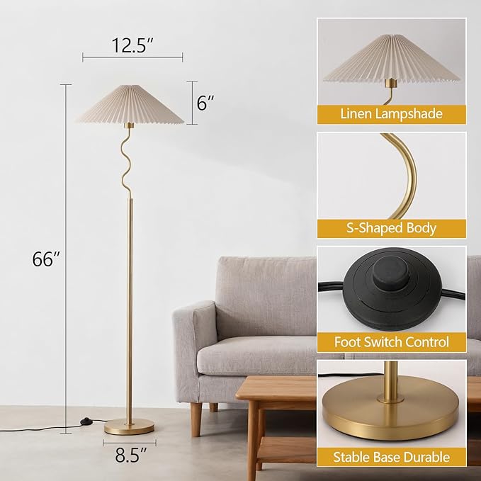 Modern Floor Lamp with 3 Color Temperatures, Foot Switch Standing Lamps for Living Room,Tall LED Standing Lamps for Living Room, Bedroom, Office, Beige Pleated Shade, 9W Bulb Included, Gold