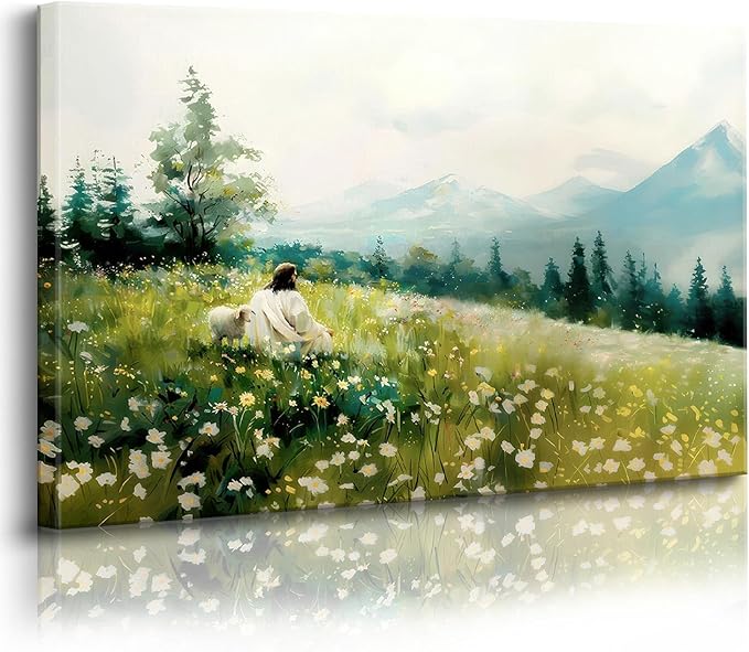 Jesus Shepherding The Sheep Canvas Framed Wall Art, Christianity And Lamb Wall Art, Christian Jesus Lamb Art Prints, Bible Story Paintings，Wall Decor for Bedroom, Living Room, Office Ready to Hang 12x16 Inches.
