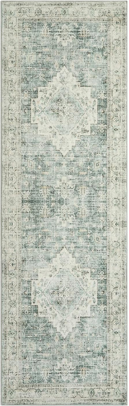 LIVEBOX Washable 2.5x8 Runner Rugs for Entryway Bathroom, Boho Kitchen Floor Mats Long Rug Runners for Hallways Non Slip, Farmhouse Low-Pile Carpet Runners for Laundry Room, Sage Green
