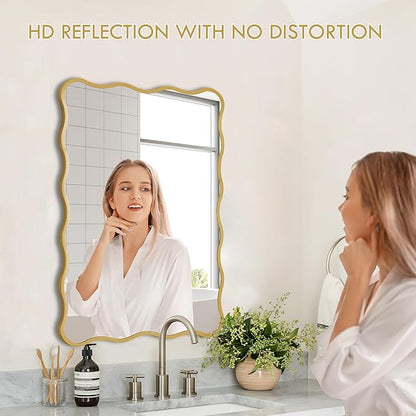 Gold Wavy Bathroom Mirror 20x30 Rectangle Scalloped Farmhous Mirror Modern Wood Farme Mirror Wall Decor for Bathroom Entryway Living Room Bedroom Hallway