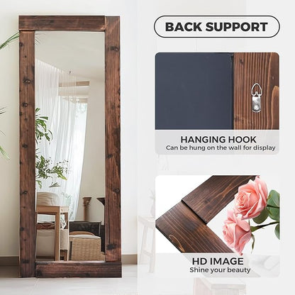Full Length Mirror 65"x24" – Solid Wood Frame, HD Tempered Glass, Wall Mounted & Leaning, Rustic Modern Decor for Bedroom, Living Room, Entryway, Brown