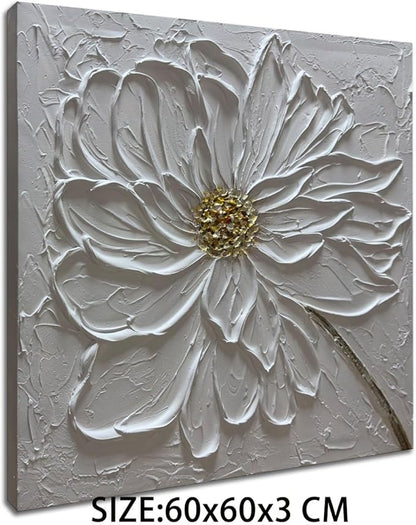 Slyart Hand Paintings 3D Floral Canvas Wall Art 24x24 Inches Abstract White Flower Paintings Modern Contemporary Texture Wall Art White Artwork for Home Decorations