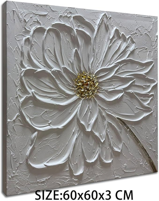 Slyart Hand Paintings 3D Floral Canvas Wall Art 24x24 Inches Abstract White Flower Paintings Modern Contemporary Texture Wall Art White Artwork for Home Decorations