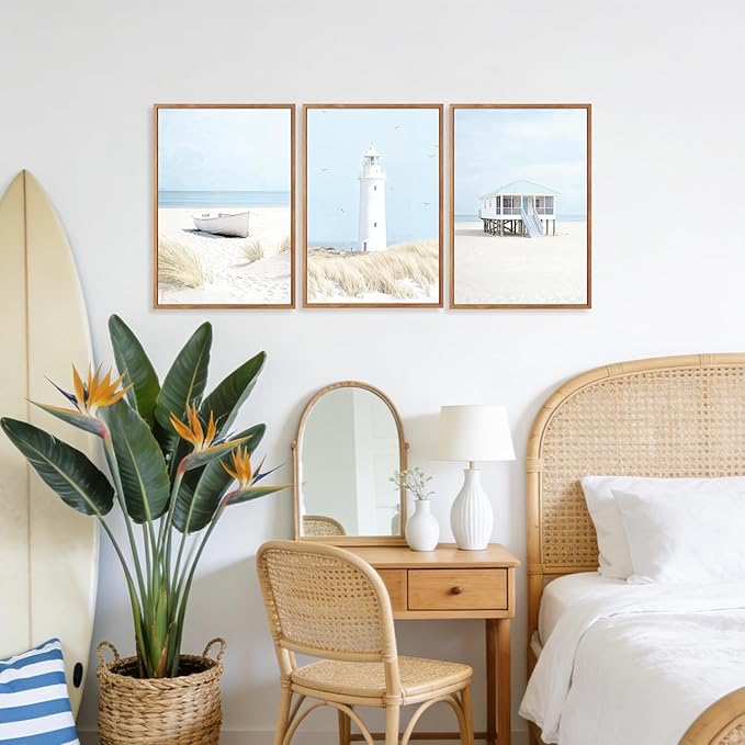 Aurlan Blue Coastal Beachy Seascape Framed Wall Art(16"x24"), 3PCS Neutral Modern Nautical Ocean Landscape Canvas Artwork, Large Minimalist Pampas Grass Sailboat Lighthouse Seagull Cabin Decor for Bedroom Living Room