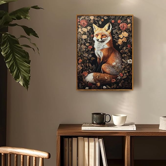Framed Vintage Wall Art, Vintage Dark Academia Fox Paintings Wall Decor, Woodland Animal Canvas Wall Art Prints Wildlife Botanical Floral Pictures Boho Artwork for Bedroom Living Room 8x10in