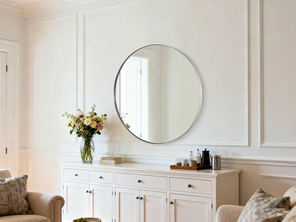 ANDY STAR 36" Chrome Round Mirror, Round Chrome Mirror, Polished Silver Large Vanity Mirror Metal Framed for Living Room, Dining Room, Fireplace