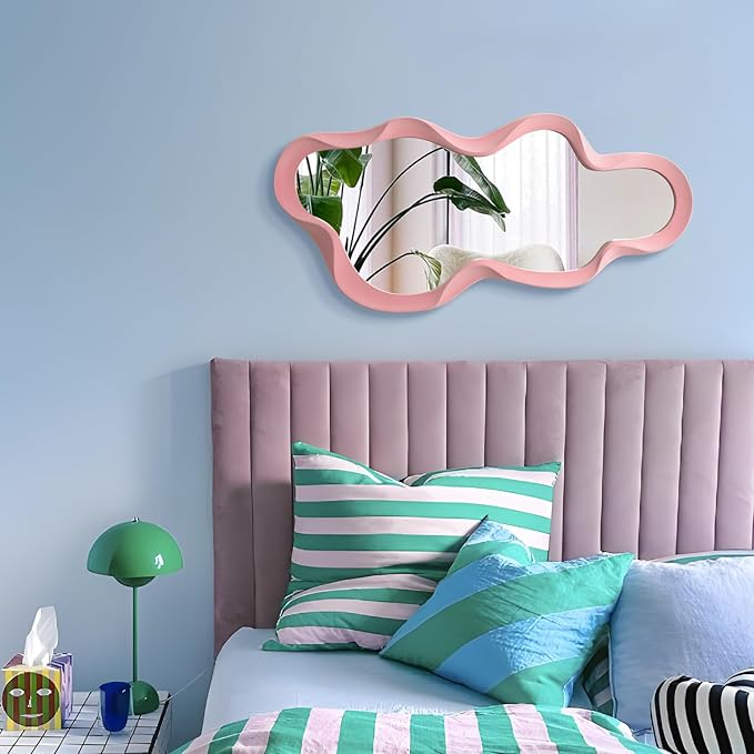 Wavy Mirror Wall Decor for Living Room, 13.8x29.7 Asymmetrical Wall Mounted Mirror with Velvet Touch for Girly Bedroom Decoration, Unique Home Accent for Modern Room Aesthetics (Light Pink)