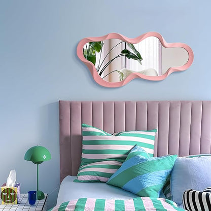 Wavy Mirror Wall Decor for Living Room, 13.8x29.7 Asymmetrical Wall Mounted Mirror with Velvet Touch for Girly Bedroom Decoration, Unique Home Accent for Modern Room Aesthetics (Light Pink)
