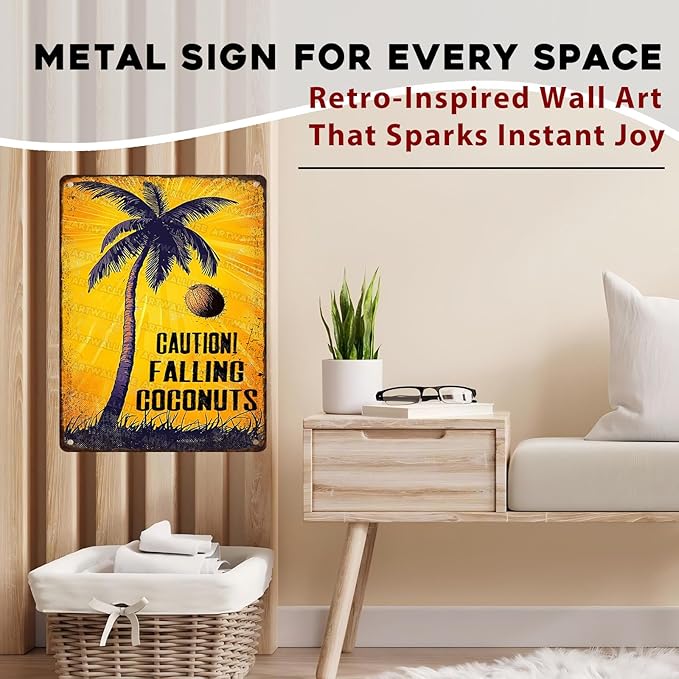 Coconuts Vintage Sign Caution! Falling Coconuts Metal Tin Sign for Lounge Welcome Pool Hot Tub Happy Hour Island Décor 12x16inch