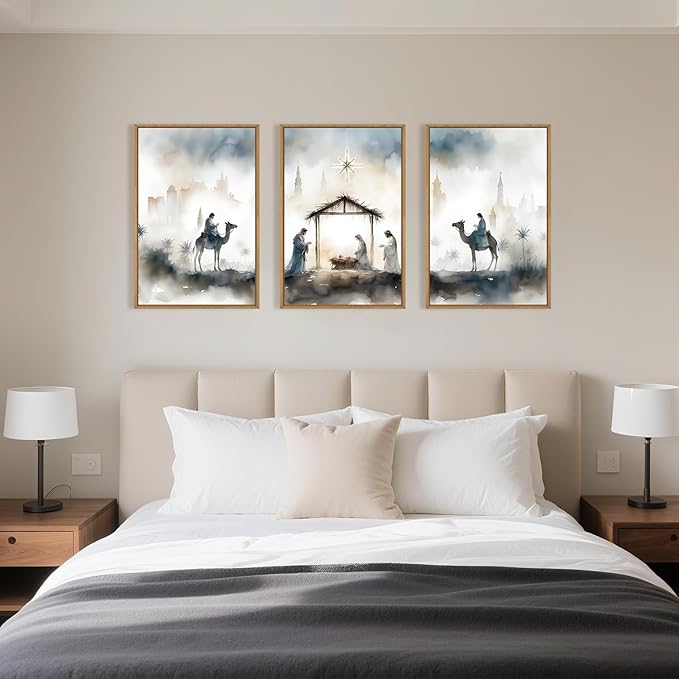 Large Catholic Jesus Nativity Scene Framed Canvas Wall Art Set,Watercolor Holy Birth of Jesus Wall Decor,Trendy Christian Religious Artwork for Living Room,Bedroom,Church-16 x24 x3
