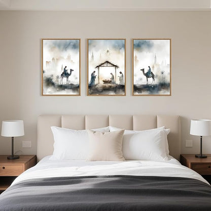 Large Catholic Jesus Nativity Scene Framed Canvas Wall Art Set,Watercolor Holy Birth of Jesus Wall Decor,Trendy Christian Religious Artwork for Living Room,Bedroom,Church-16 x24 x3