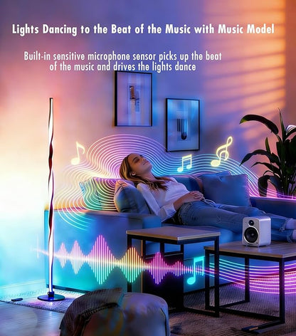 Smart RGBWIC Floor Lamp, LED Corner Lamp compatible with Alexa, Modern Black Floor Lamp with Music Sync and 16 Million DIY Colors, Dimmable Color Changing Standing Lamp for Bedroom Living Game Rooms
