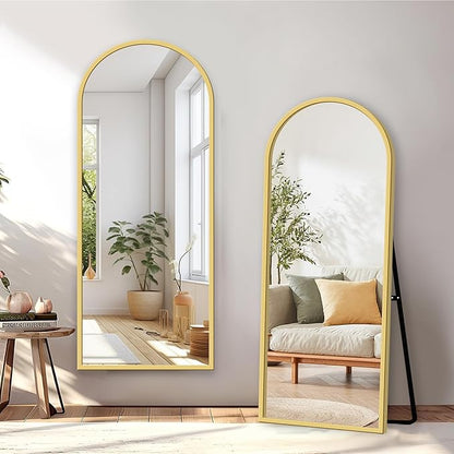 GlasFlength Full Length Mirror with Stand - 56" x 19" Arched Aluminum Alloy Frame Full Body Mirror, Standing Hanging or Leaning Wall Floor Mirror for Bedroom Living Room Entryway, Gold