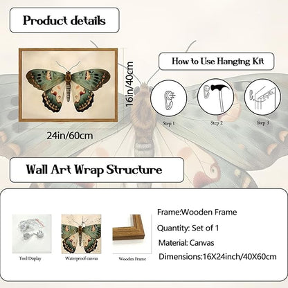 Framed Vintage Butterfly Canvas Wall Art, Moody Insect Wall Decor Paintings, Cottagecore Moth Artwork Pictures Prints Antique Home Decor for Living Room Bedroom Bathroom 16x24 inch
