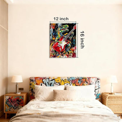 12x16 Graffiti Rock Music T-Rex Wall Art Modern Abstract Dinosaur Canvas Print Colorful Child Funny Pop Home Decor Bedroom Colorful Kids Wall Posters for Boys Room Bathroom Picture Men Office Room Painting