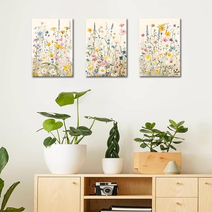 WENGTIAO 3Pcs Framed Colorful Wildflower Canvas Wall Art, Yellow Watercolors Flowers Wall Pictures Floral Canvas Prints Wall Decor Paintings for Living Room Girls Bedroom Ready to Hang 16"x24"x3