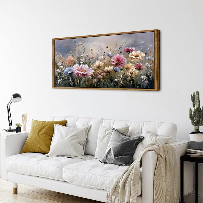 Vintage Flower Framed Canvas Wall Art Countryside Pink Wildflower Wall Decor Colorful Nature Flowers Pictures Prints Painting Farmhouse Daisy Poster Artwork for Living Room Bedroom Decoration 24x48
