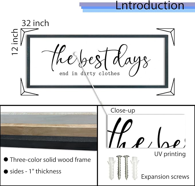 FZMHASLWW Laundry Room Sign Wall Decor 32"×12" The Best Days End In Dirtiest Clothes Large Wood Framed Wall Art Hanging (Black)
