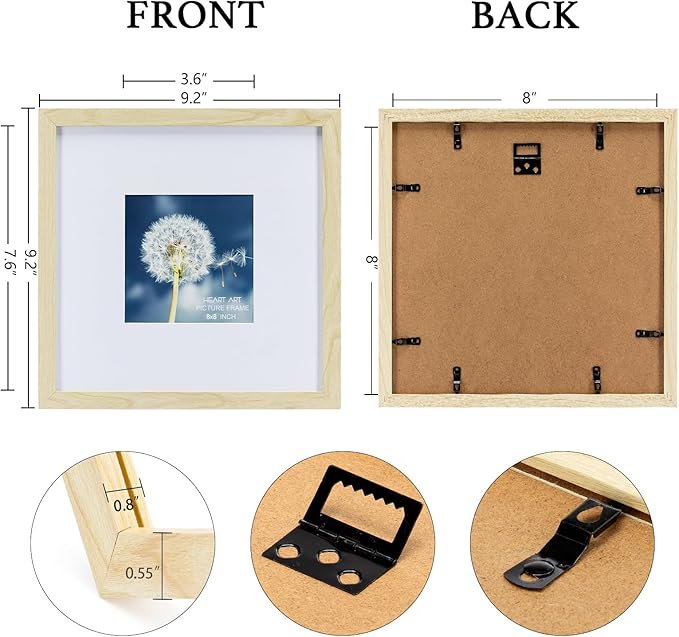 HEART ART 8x8 Natural Wood Picture Frame Set of 9,Display Pictures 4x4 with Mat or 8 x 8 without Mat,Multi Collage Gallery Square Photo Frames for Wall