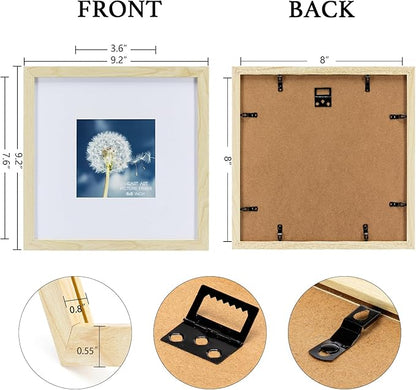 HEART ART 8x8 Natural Wood Picture Frame Set of 9,Display Pictures 4x4 with Mat or 8 x 8 without Mat,Multi Collage Gallery Square Photo Frames for Wall