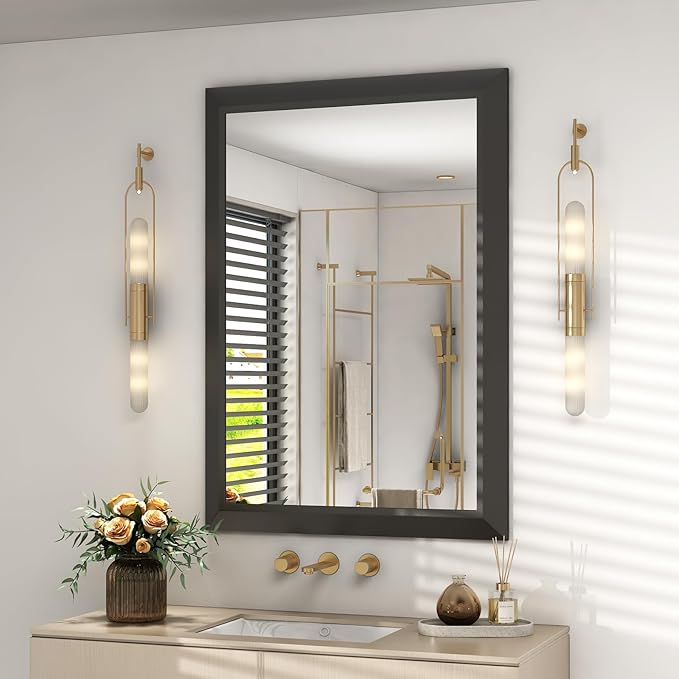 SMIROR Matte Black Bathroom Mirror for Over Sink 24x 36 inch, Metal Thick Frame Rectangle Vanity Mirror for Wall, Anti-Rust, Horizontally or Vertically Mounted