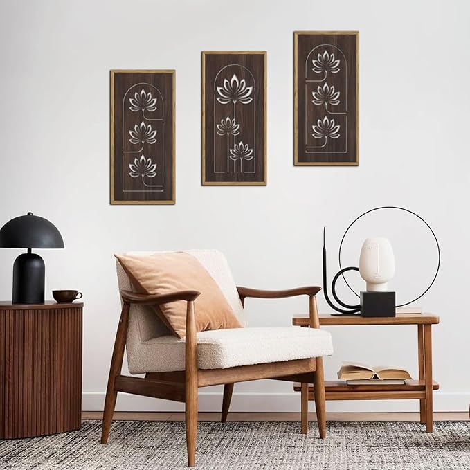 KAIRNE Lotus Wooden Wall Art,Floral Vintage Farmhouse Room Boho Decor,Set of 3(16” X 8”),Framed Mandala Lotus Flowers Wall Decor,Bohemian Retro Wood Hanging Board for Living Room Yoga room Office Decoration