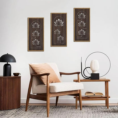 KAIRNE Lotus Wooden Wall Art,Floral Vintage Farmhouse Room Boho Decor,Set of 3(16” X 8”),Framed Mandala Lotus Flowers Wall Decor,Bohemian Retro Wood Hanging Board for Living Room Yoga room Office Decoration