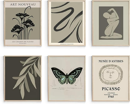 Habseligkeit Green Butterfly Wall Art Prints, Vintage Room Decor, Posters for Girls Room Aesthtic, Girls Dorm Wall Decor Unframed 8x10in Set of 6