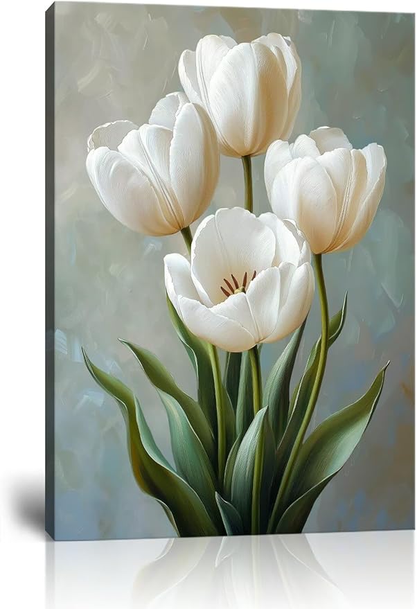 White and Green Tulips Flowers Canvas Wall Art Modern Floral Paintings Botanical Pictures Wall Decor Poster Print Artwork for Bathroom Living Room Bedroom Home Decoration Framed