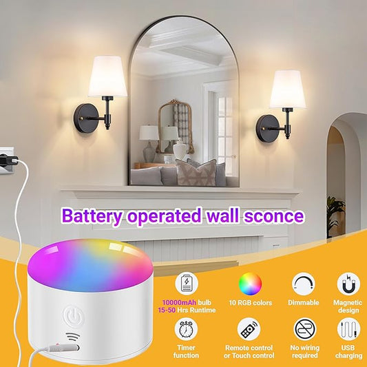 YHCDLAMP Battery Operated Wall Sconces Set of Two, Rechargeable Wireless Wall Lights with 10000mAh RGB Dimmable Detachable Bulb, Battery Sconces Wall Decor with Remote for Bedroom Living Room Hallway