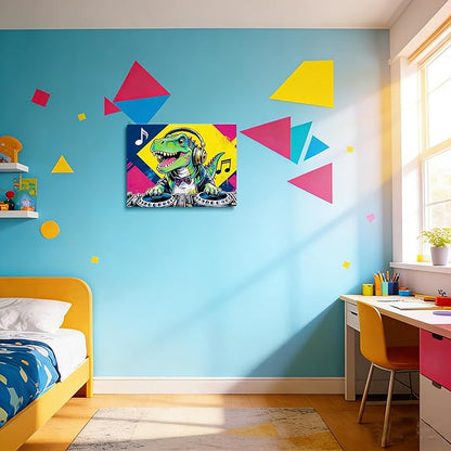 12x16 Pop DJ Dinosaur Canvas Wall Art Prints, Graffiti T-Rex Music Decor with Headphone & Turntable, Colorful Wall Painting for Teen Boy/Kids Bedroom, Child Home Painting Vibrant Hanging Game Poster
