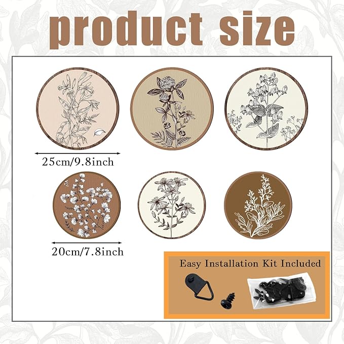 MuSeek 6 Pieces Earthy Boho Botanical Wood Wall Art, Round Neutral Room Decor for Bedroom Living Room, Rustic Plant Printed Wooden Hanging Wall Sculptures (7.8" & 9.8") ﻿