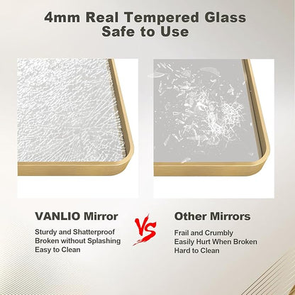 40x30 Inch Gold Framed Bathroom Mirror, Brushed Gold Metal Vanity Mirror, Gold Rectangle Mirror for Wall, Rounded Corner, Tempered Glass, Anti-Rust, Shatterproof (Horizontal/Vertical)