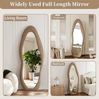 Irregular Full Length Mirror, 63"x24" Flannel Full Body Mirrors, Velvet Floor Mirrors with Stand, Irregular Wavy Mirror Hanging or Leaning Against Wall for Bedroom Living Room, Brown
