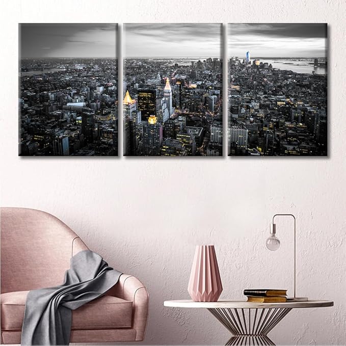 TUMOVO Manhattan, New York USA Downtown City Skyline Modern Artwork Wall Decor 3 Panel Skyscrapers Cityscape Pictures Bathroom Decor Wall Art Framed Ready to Hang (36" Wx16 H)