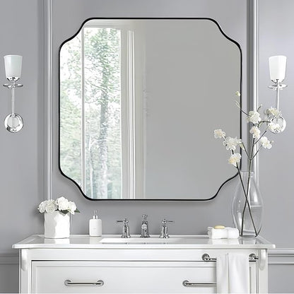 ANDY STAR 30"x30" Chrome Square Mirror, Polished Nickel Scalloped Bathroom Mirror for Over Sink, Modern Decorative Mirror with Designer Rounded Notched Corners, Anti-Rust SUS304 Frame