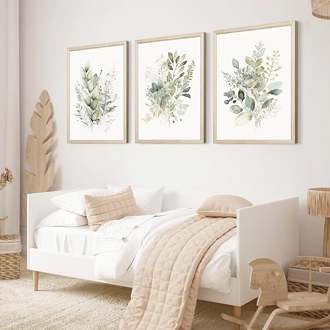 Watercolor Botanical Wall Art Set of 3 Boho Floral Canvas Wall Decor Prints Sage Green Wildflower Wall Art Modern Flower Pictures Botanical Painting for Bedroom Bathroom 16x24 Inch Wood Framed