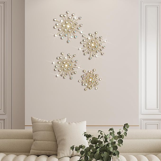 Blulu 4 Pcs Metal Wall Decor Bling Crystal Wall Art Cast Iron Rhinestones Sunburst Decor Starburst Art Hanging Diamond Accents Home Decorative for Living Room Bedroom Entryway(Colorful)