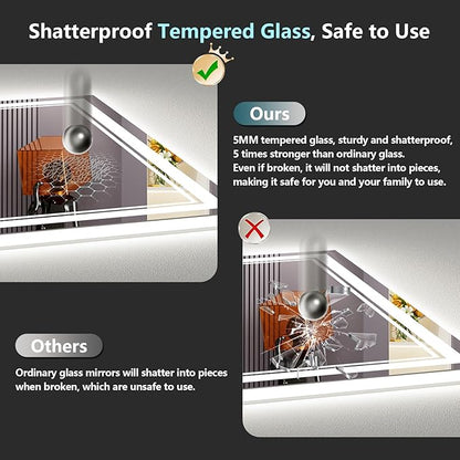 48x28 LED Bathroom Mirror with Lights, Backlit and Front Lit Anti-Fog Lighted Vanity Mirrors for Bathroom Wall, Dimmable, 3-Color Light, Memory, Shatter-Proof, HD Tempered Glass, CRI＞90