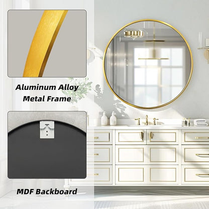 Circle Gold Mirror, Round Mirror 20 inch, Circle Wall Mirror Metal Frame, Round Wall Mounted Mirrors for Bathroom, Living Room, Bedroom, Rustic, Vanity, Entryway