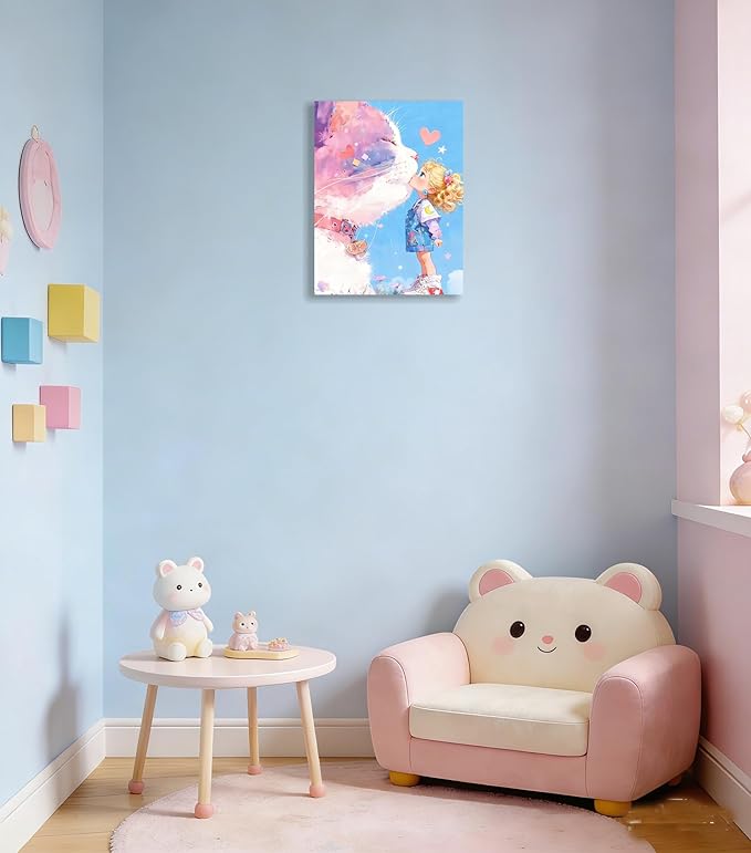12x16 Giant Pink Cat Kissing Little Girl Canvas Wall Art - Cute Whimsical Kids Kawaii Girl Cat Poster, Pastel Dreamy Nursery Wall Decor, Framed Cartoon Animal Artwork for Bedroom Bathroom Living Room