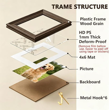 POZEAN 5x7 Picture Frame Set of 6, Picture Frames for Gallery Wall Decor Wood Grain Look, Shatterproof Lightweight Design, Wall Hanging & Tabletop Display with Mat for 4x6 Photos, Rustic Home Decor Living Room Bedroom Office